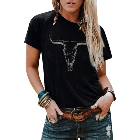 🆕 Women Black Boho Cow Skull Vintage Western Rodeo Graphic Short Sleeve Shirts - Picture 1 of 6